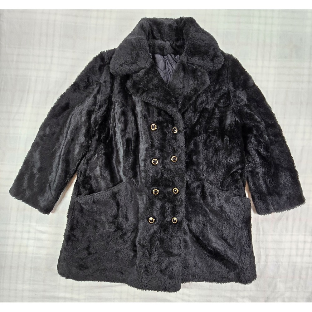 70's Sears Fashions Faux Fur Teddy Coat Double Breasted Black Women's L/XL